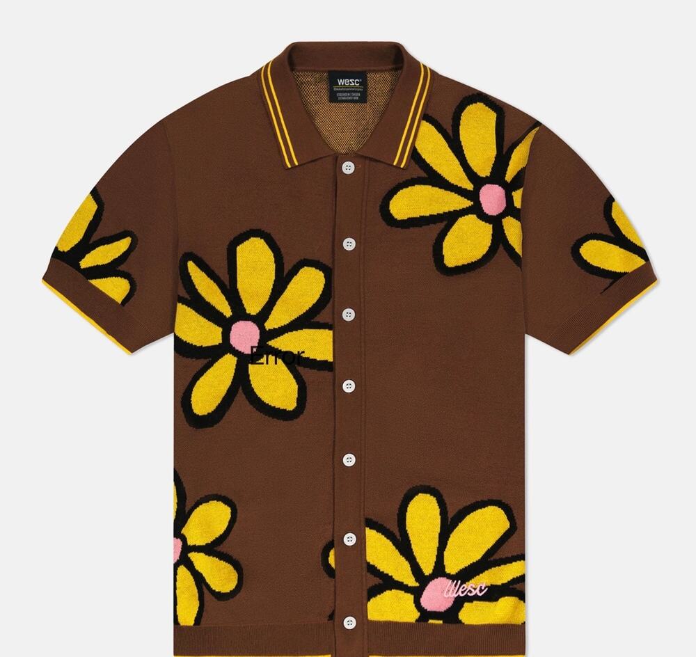 WeSC Brown Daisy Short Sleeve Polo Cardigan in brown and yellow size M